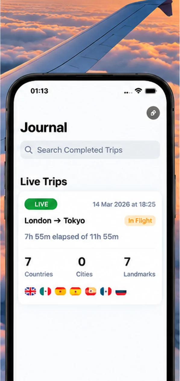 AirReveal flight journal with a live trip from London to Tokyo