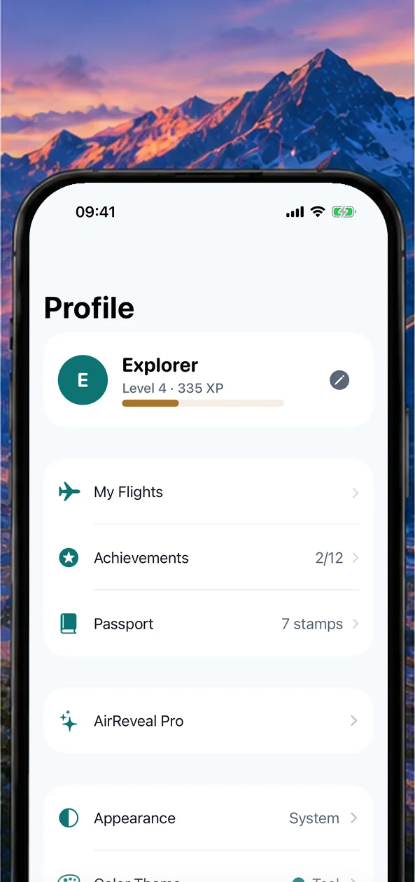 AirReveal profile with achievements, passport and flights