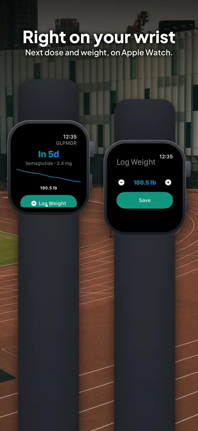 GLPMGR on Apple Watch showing the next dose and weight trend