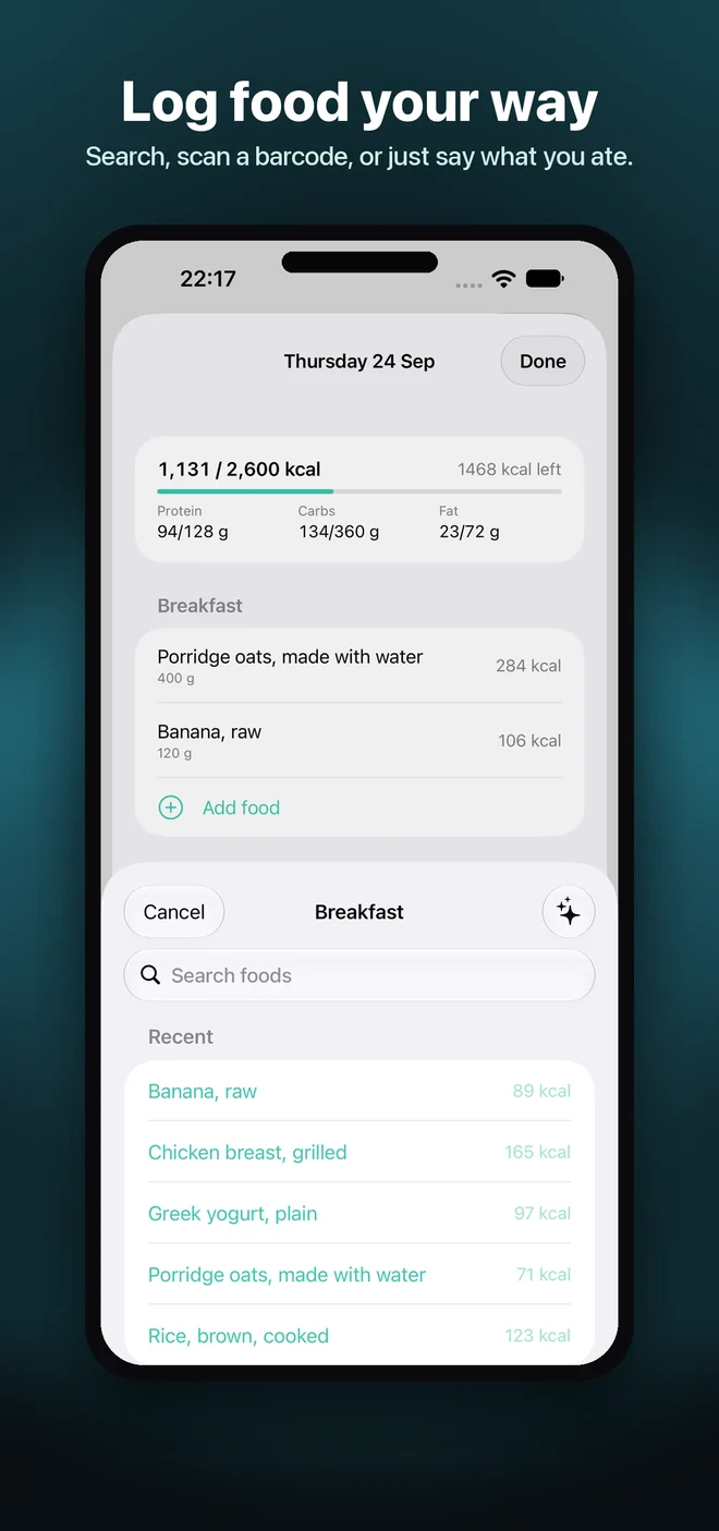 Log food your way: search, scan a barcode, or just say what you ate